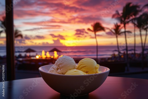 Sundown scoops of ice cream on a beachside table.