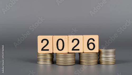 Wooden blocks displaying 2026 on stacked coins with a gray background, conveying a financial and modern theme.