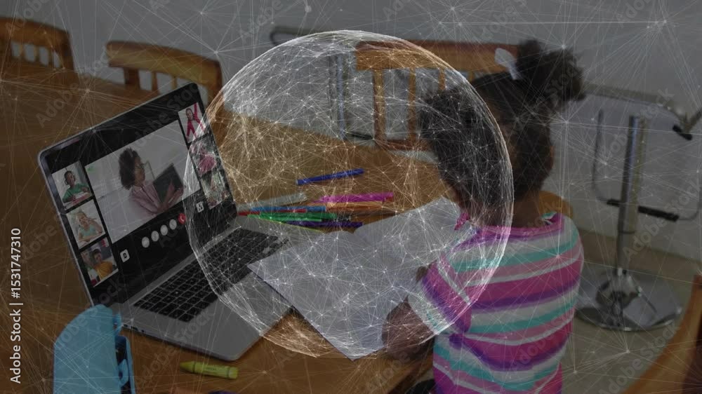 Girl student placing laptop and arranging pencils, logging into online class and writing notes