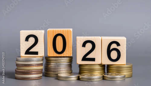 Wooden blocks displaying 2026 on stacked coins with a gray background, conveying a financial and modern theme.