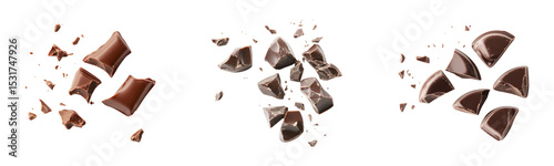 Broken dark chocolate chunks isolated close-up on a transparent background
