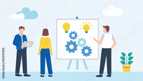 Team presenting ideas on whiteboard with lightbulbs and gears in a business environment setting