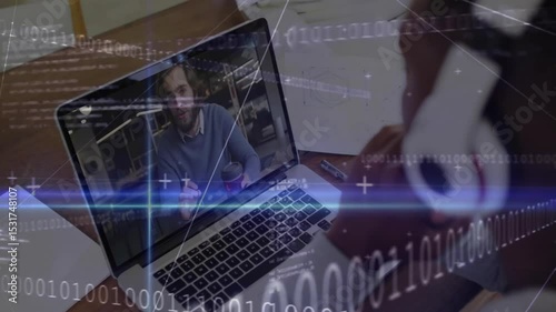 Logging into tech meeting, user with headphones taking notes while binary code overlay animating photo