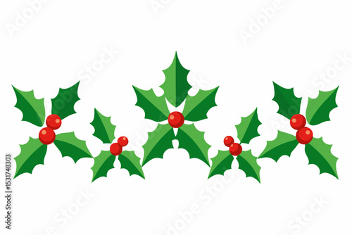 Festive Holly Berry Border with Green Leaves and Red Berries for Christmas Holiday Season Celebrations and Winter Decor on a White Background