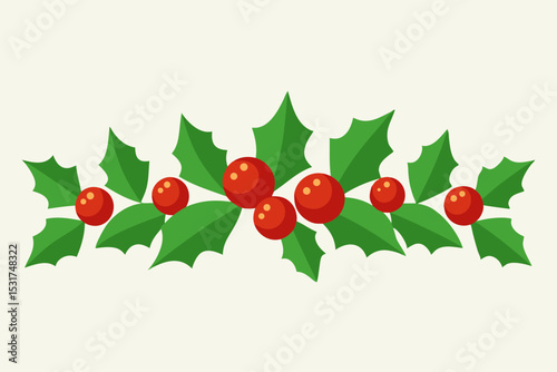 Festive Christmas Holly Berry Border Illustration with Green Leaves and Red Berries in a Simple Clean and Modern Style on a Cream Background