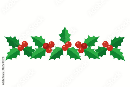 Festive Holly Berry Border with Green Leaves and Red Berries Perfect for Christmas Holiday Decorations and Seasonal Greetings on a Clean White Background