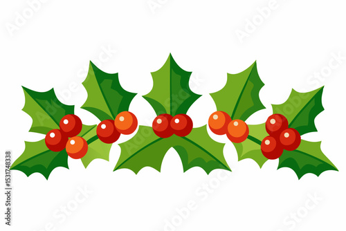 Festive Holly Berry Garland Illustration for Christmas and Winter Holiday Season Featuring Green Leaves and Red Berries on a White Background Vector Graphic