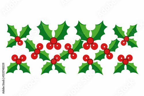 Festive Christmas Holly Border with Green Leaves and Red Berries Perfect for Seasonal Greetings Invitations and Holiday Themed Designs on a Clean White Background