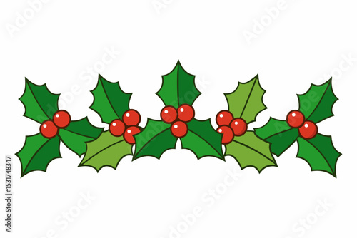 Festive Christmas Holly Border Illustration with Red Berries and Green Leaves for Holiday Decor Cards and Seasonal Design Elements on a White Background