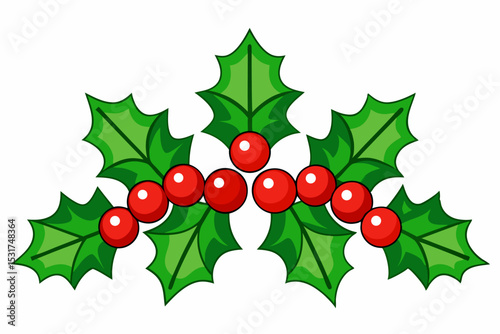 Cartoon Holly Berry Sprig with Green Leaves and Red Berries Perfect for Christmas Holiday Season Designs and Festive Decorations on a White Background
