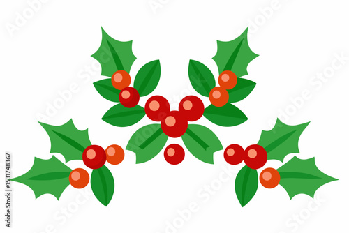 Holiday Holly Berry Arrangement with Green Leaves on White Background for Christmas and Winter Season Decoration with Simple Flat Vector Design Style