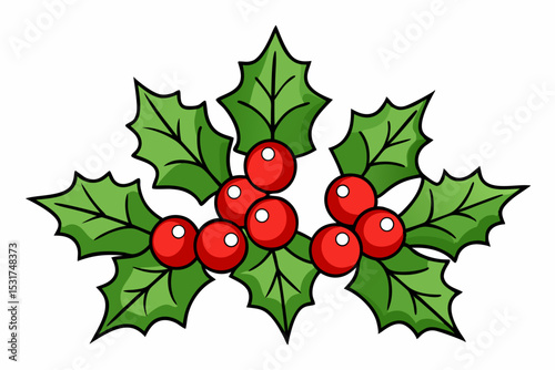 Festive Holly Berry Illustration with Green Leaves and Red Berries Perfect for Christmas and Holiday Designs Isolated on a Clean White Background