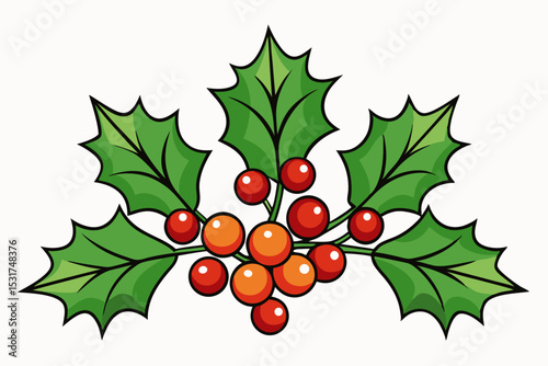 Cartoon Holly Berry Illustration for Christmas and Winter Holiday Decoration featuring Green Leaves and Red Berries on a White Background for Graphic Design