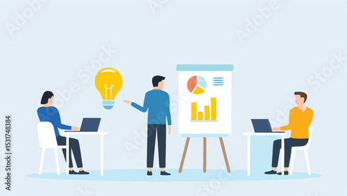 Illustration of a presentation with a lightbulb, a chart, and two people with laptops attending