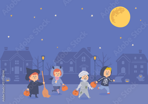 ハロウィンの仮装をして夜の町をあるく子供たちのイラスト