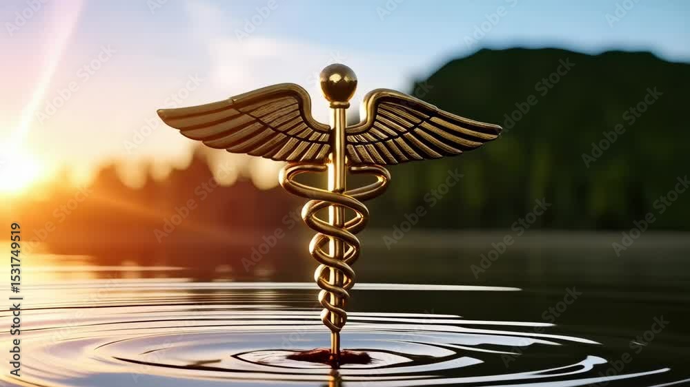 Caduceus symbol standing in still water at scenic sunrise with mountain backdrop representing holistic healthcare approach