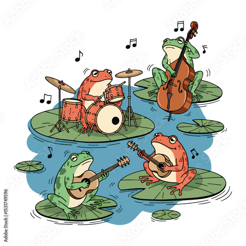 Four Frogs Playing Musical Instruments on Lily Pads.