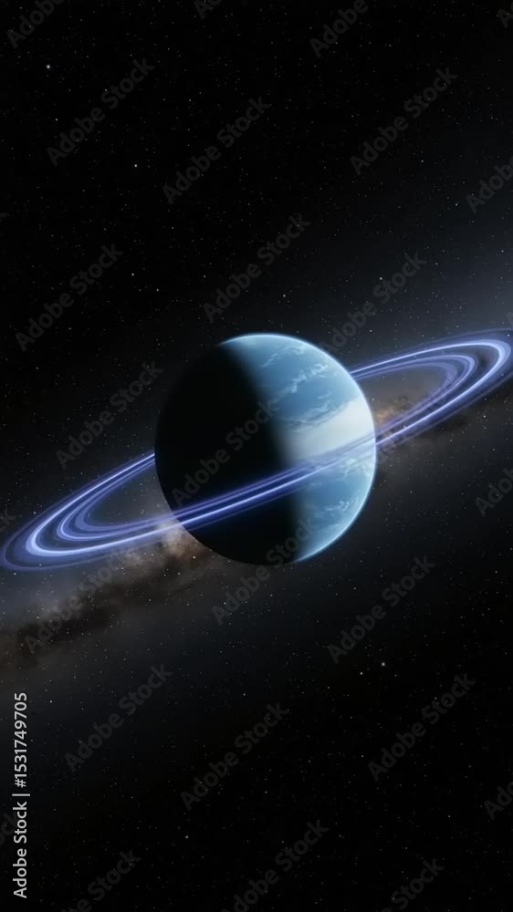 Blue planet with rings in deep space
