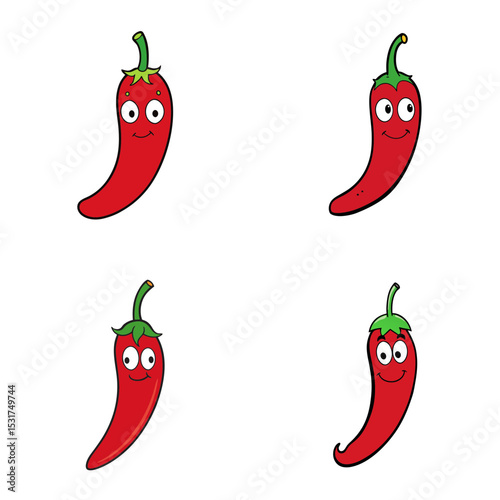 Four cartoon red chili peppers with different facial expressions on a white background are presented here