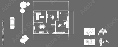 Modern House Floor Plan with Furniture Layout, Top View Architecture Blueprint, Home Interior Rooms, Living Space Design, Vector Illustration with Lifestyle Elements Included