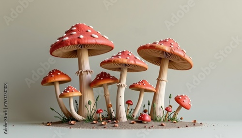 A cluster of red-capped mushrooms with white spots grow from sandy soil, surrounded by small plants and scattered debris.