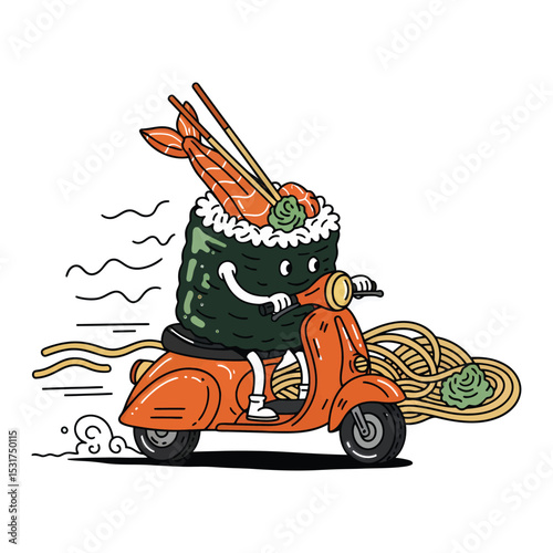 Sushi on a Scooter: A Fun Cartoon Food Delivery.