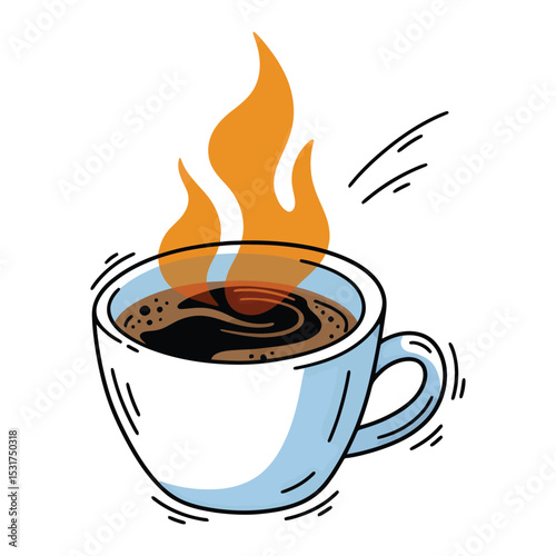 Steaming Coffee Cup with Stylized Flames and Motion Lines Illustration.
