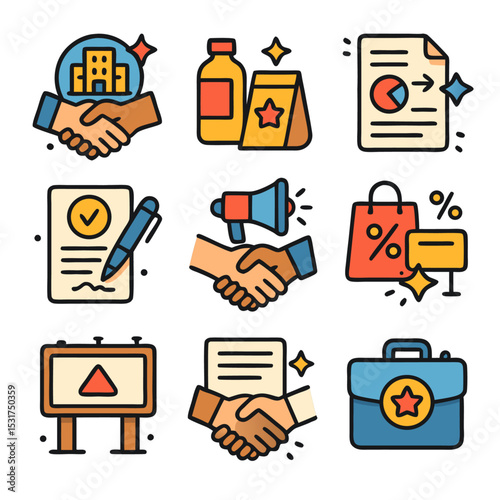Sponsorship deals depicted through business icons; ideal for illustrating partnerships, corporate collaborations, sponsorships, negotiations, and successful deals.