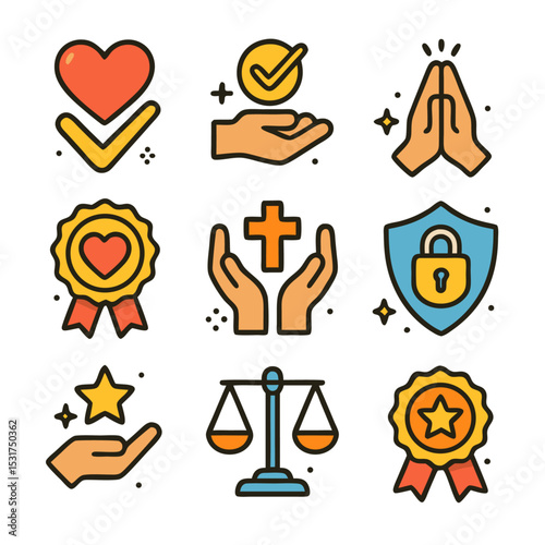 Trust icons featuring faith, hope, charity, and justice in nine colorful symbols. Ideal for websites, presentations, and print materials.