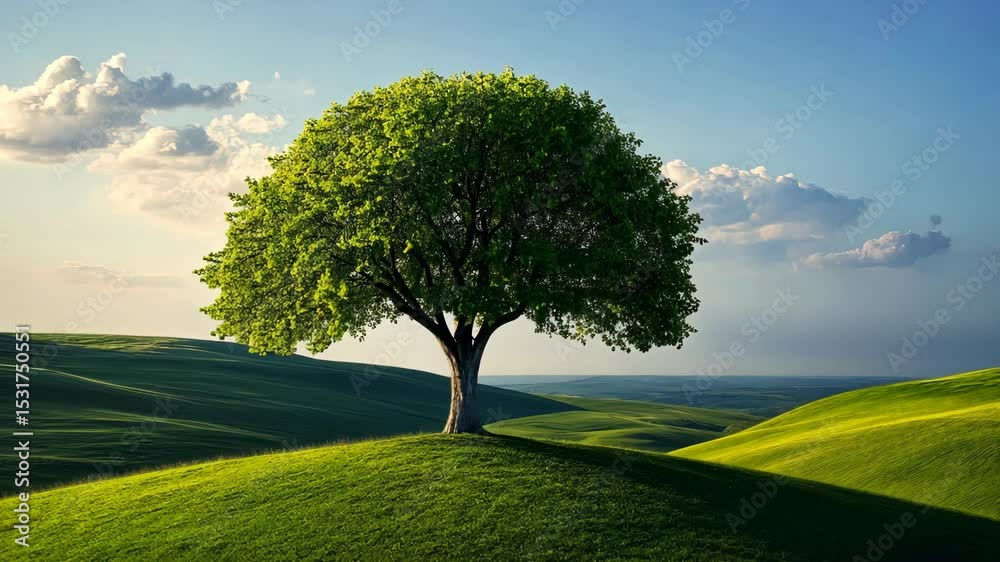 Serene landscape featuring a lush green tree atop a rolling hill under a partly cloudy sky
