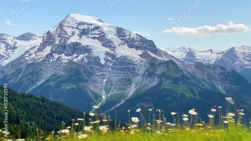 Majestic landscape blending icy summits with lush greenery and flowers