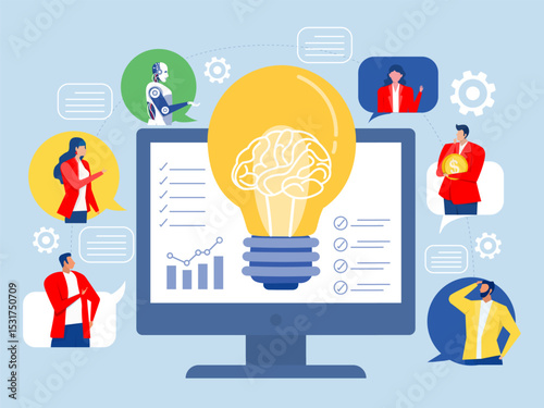 Online Meeting via Laptop,A group of diverse people discussing an idea on a laptop monitor via video link. Online Business Concept vector