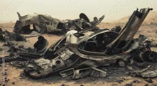 Burnt aircraft debris lying amid dust and devastation following crash