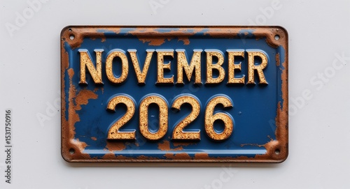 november 2026 lettering on antique rugged rusty metal sign on plain white background