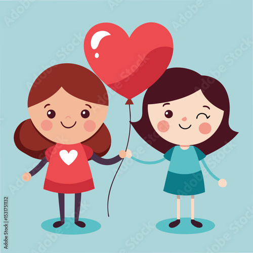cartoon bffs with heart balloons vector