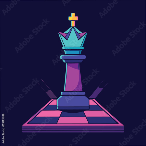 chessboard with glowing king piece dark background vector
