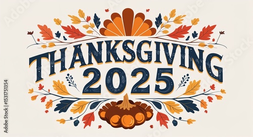 thanksgiving 2025 decorative design lettering on plain white background
