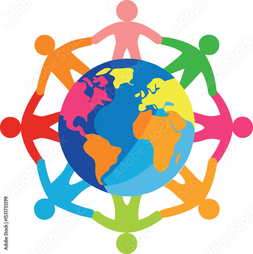 colorful human chain around globe vibrant graphic vector