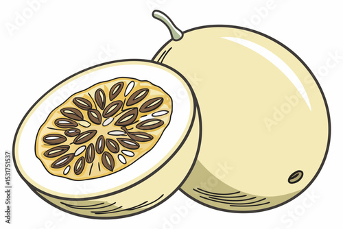 Illustration of a ripe passion fruit halved