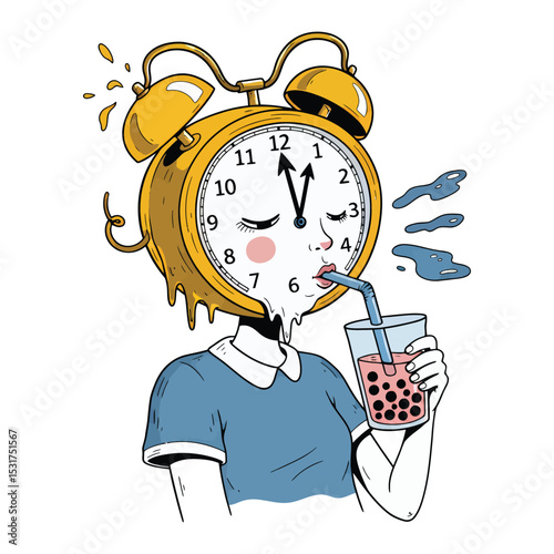 Surreal Clock-Faced Figure Sipping Bubble Tea with Closed Eyes and Dripping Clockwork.