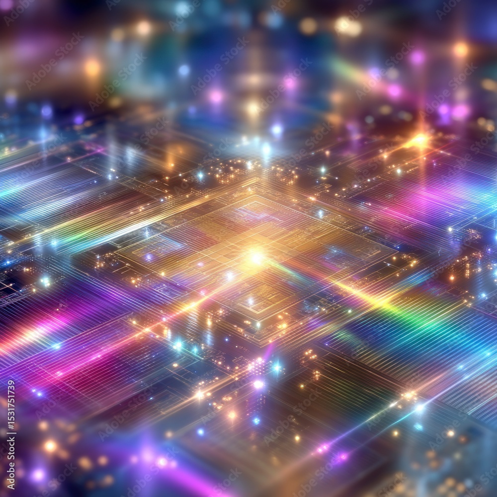 Obraz premium Futuristic Circuit Board Abstract Tech Background with Rainbow Reflections