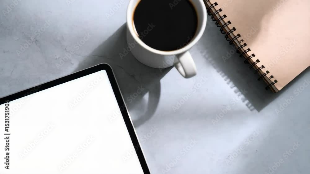 Modern digital tablet mockup on a concrete desk with coffee, pencils and spiral bound notebook creating workspace background.