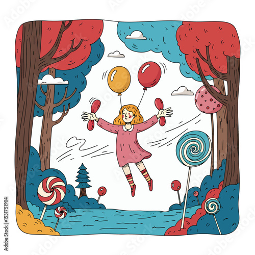 Girl Soaring in Candyland: Balloons and Lollipops.