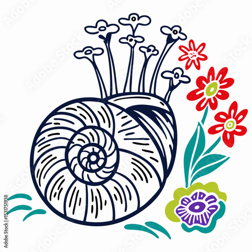 Snail Shell with Flowers Clipart Illustration