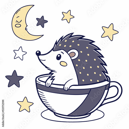 Cute SVG of a Grumpy Hedgehog in Magical Night colors, featuring in a teacup in a Starry night setting