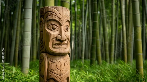 Hand carved wooden totem pole stands in lush green bamboo forest, providing a traditional sculpture with detailed face in a wooded setting.