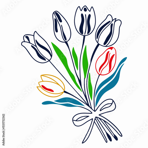 Colorful Line Art Tulip Bouquet Illustration