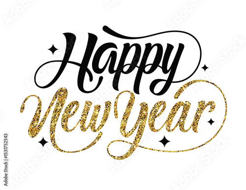 Happy new year greeting text clipart design. New year calendar clip art with black and gold calligraphy in white background for flyers and banner card vector illustration. 
