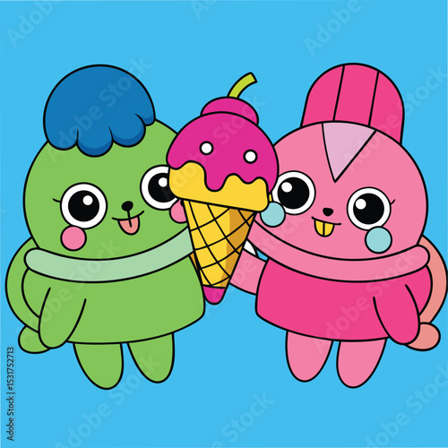 kawaii style friends sharing ice cream vector