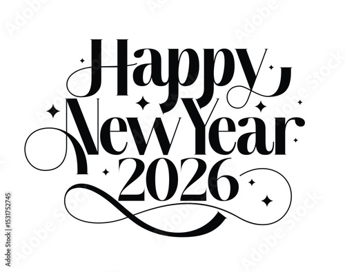 Happy new year 2026 text clipart design. New year greeting calligraphy clip art in white simple background for calendar template, party celebration and flyers vector illustration. 
